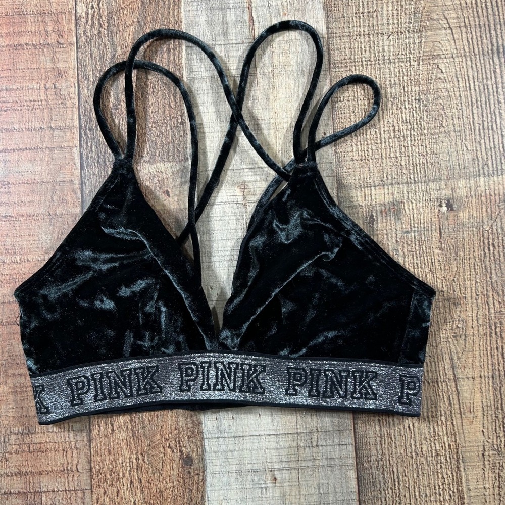 Pink Victoria's Secret Black Crushed Velvet Bralette Silver Logo Band Small Bra